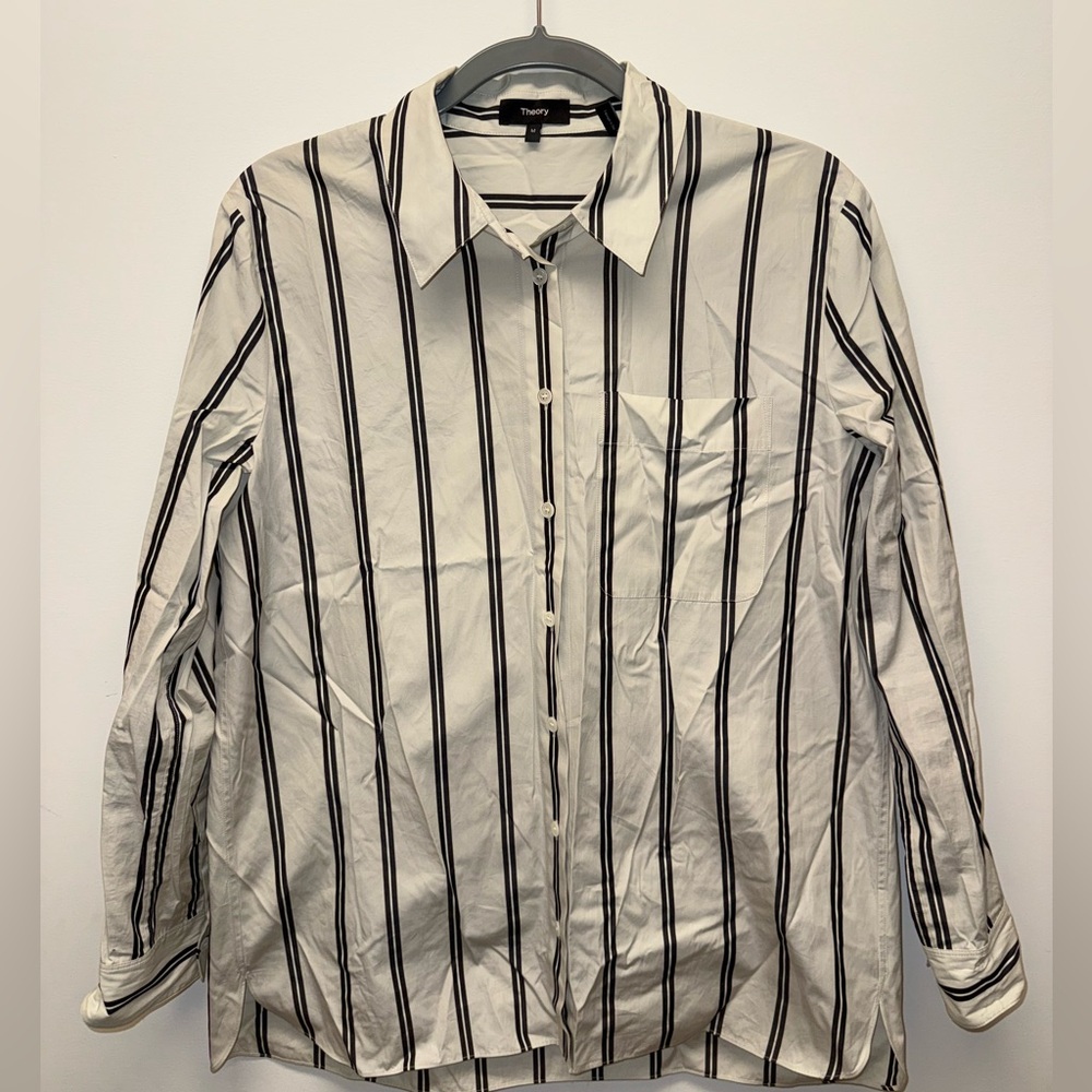 Theory White Shirt with Black Vertical Stripes
